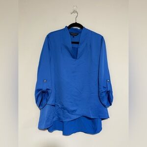 Ming Wang Blue Asymmetrical V-Neck 3/4 Sleeve Blouse Size Small Office Coastal